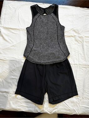 LuLuLemon Black & Light Grey (Almost White) Athletic Tank with Black Shorts Set